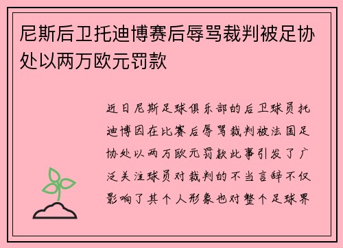 尼斯后卫托迪博赛后辱骂裁判被足协处以两万欧元罚款